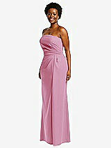 Side View Thumbnail - Powder Pink Strapless Pleated Faux Wrap Trumpet Gown with Front Slit