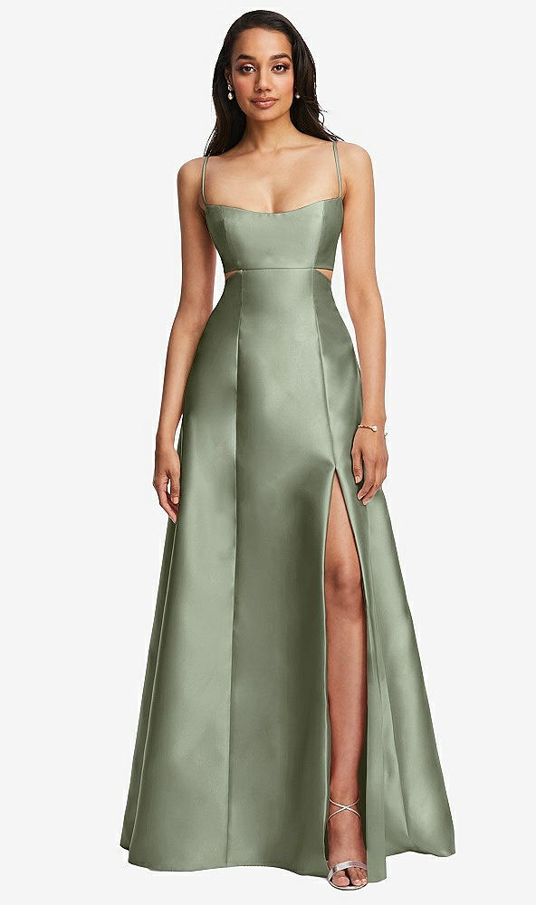 Front View - Sage Open Neckline Cutout Satin Twill A-Line Gown with Pockets