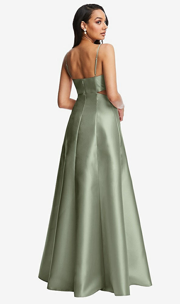 Back View - Sage Open Neckline Cutout Satin Twill A-Line Gown with Pockets