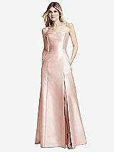 Rear View Thumbnail - Blush Strapless A-line Satin Gown with Modern Bow Detail