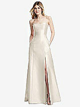 Rear View Thumbnail - Ivory Strapless A-line Satin Gown with Modern Bow Detail