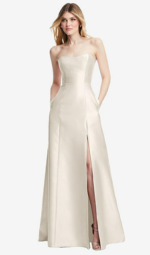 Back View - Ivory Strapless A-line Satin Gown with Modern Bow Detail