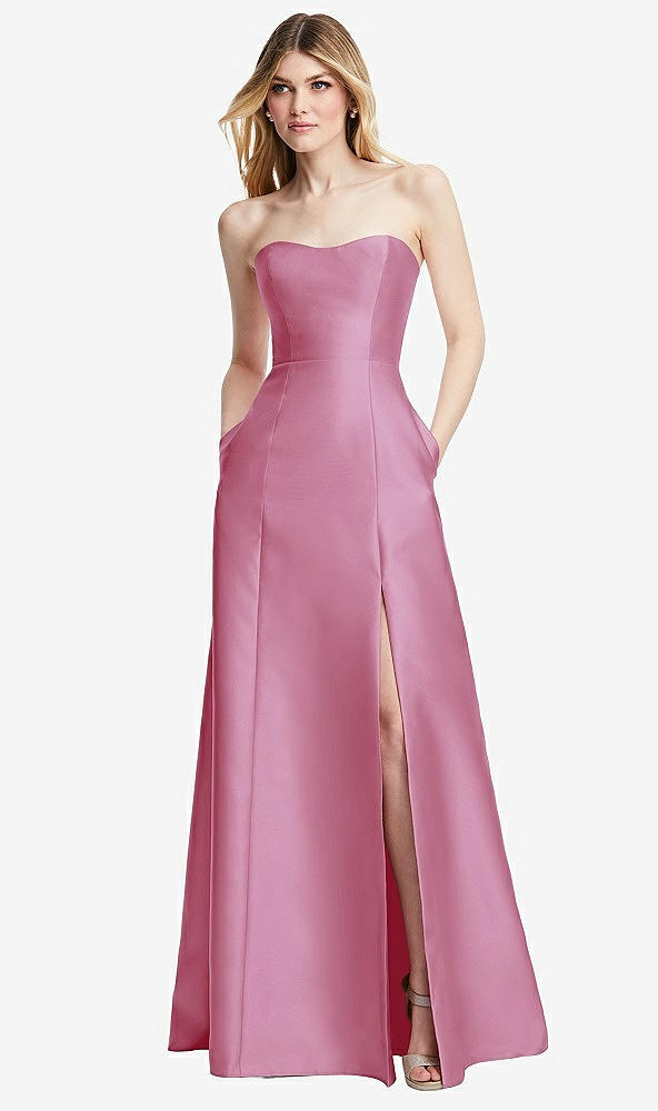 Back View - Powder Pink Strapless A-line Satin Gown with Modern Bow Detail