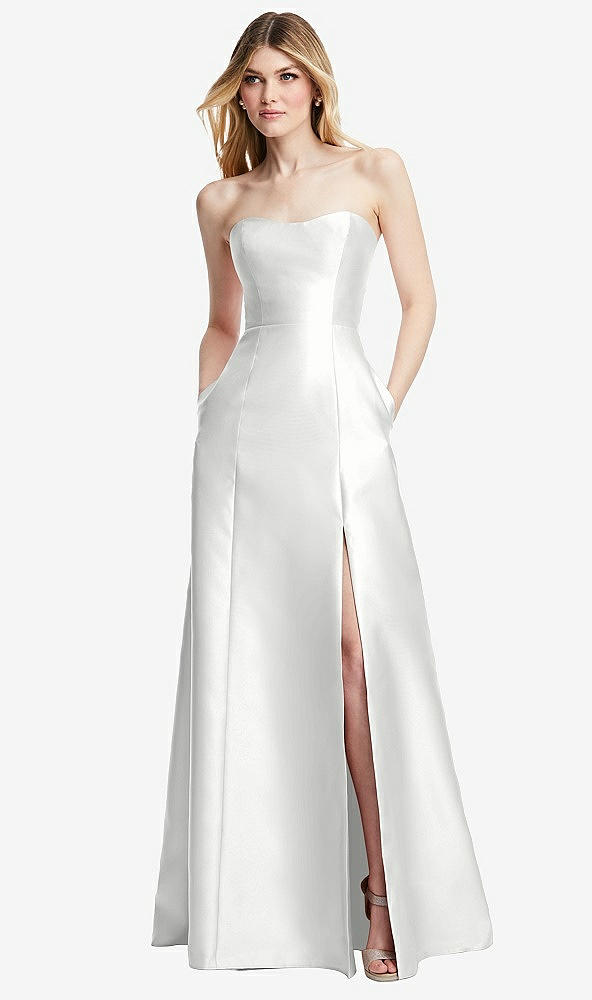 Back View - White Strapless A-line Satin Gown with Modern Bow Detail