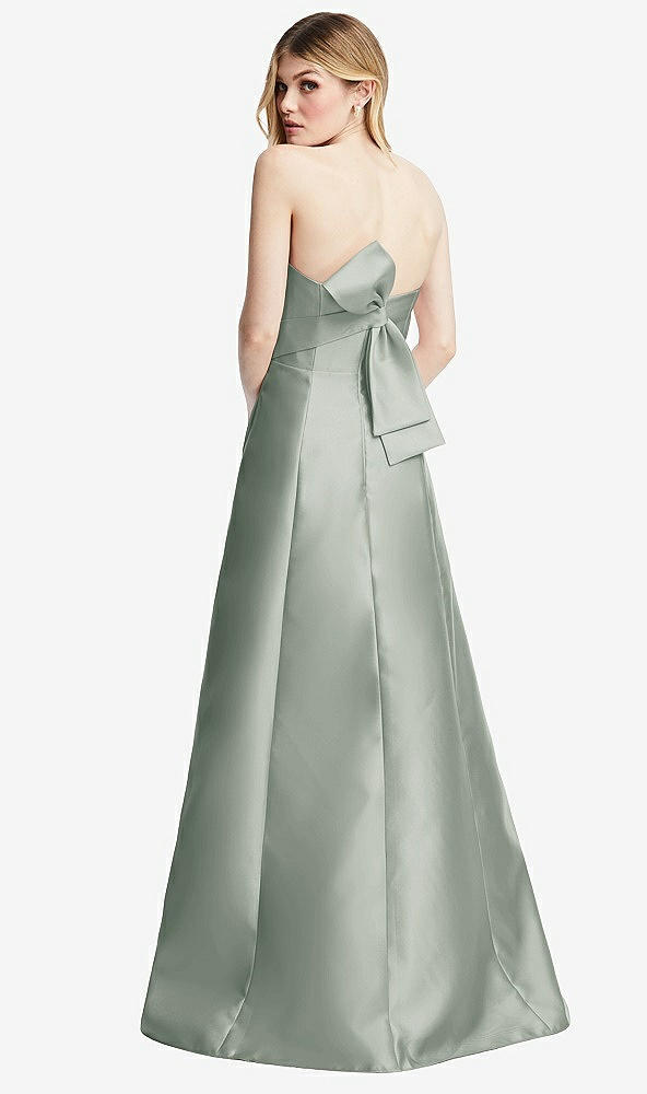 Front View - Willow Green Strapless A-line Satin Gown with Modern Bow Detail