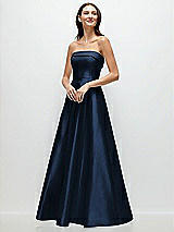 Front View Thumbnail - Midnight Navy Strapless Bias Cuff Bodice Satin Gown with Pockets