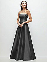 Front View Thumbnail - Pewter Strapless Bias Cuff Bodice Satin Gown with Pockets