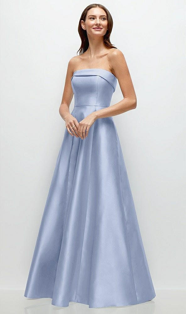 Front View - Sky Blue Strapless Bias Cuff Bodice Satin Gown with Pockets