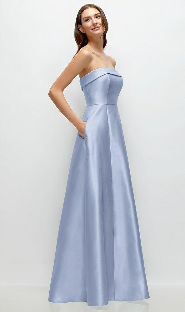 Back View - Sky Blue Strapless Bias Cuff Bodice Satin Gown with Pockets