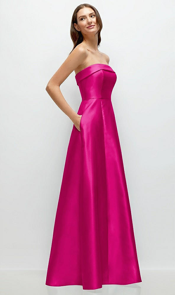 Back View - Think Pink Strapless Bias Cuff Bodice Satin Gown with Pockets