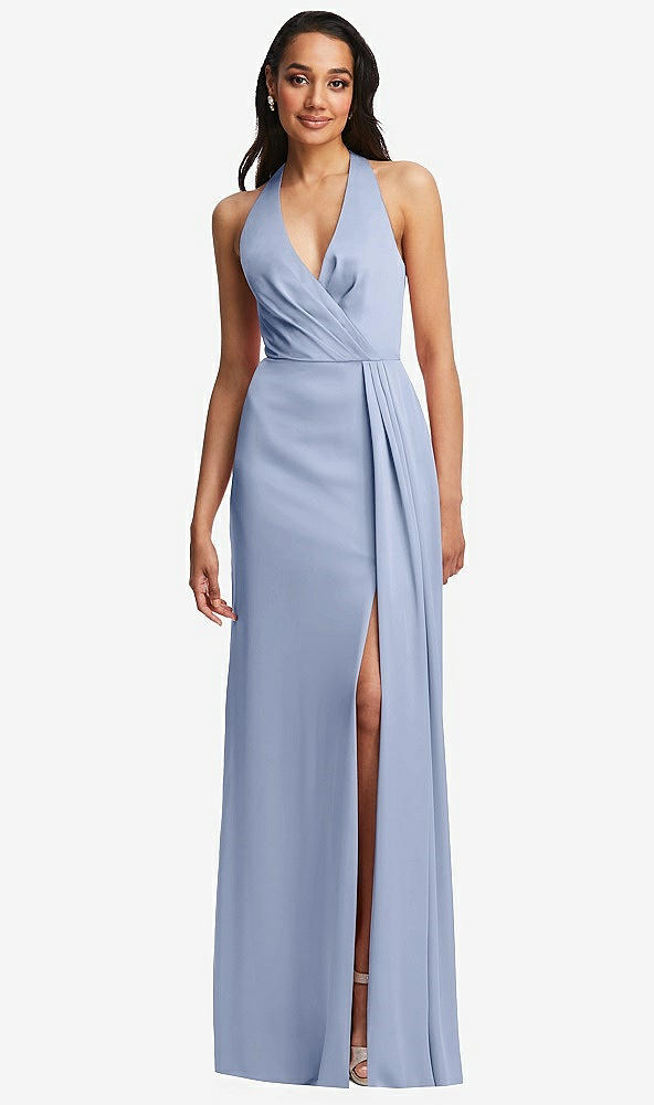 pleated v-neck closed back trumpet gown with draped front slit