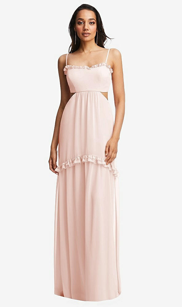 Front View - Blush Ruffle-Trimmed Cutout Tie-Back Maxi Dress with Tiered Skirt