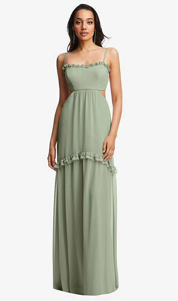 Front View - Sage Ruffle-Trimmed Cutout Tie-Back Maxi Dress with Tiered Skirt