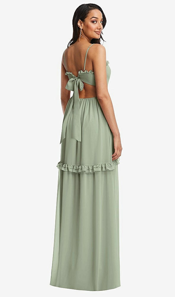 Back View - Sage Ruffle-Trimmed Cutout Tie-Back Maxi Dress with Tiered Skirt