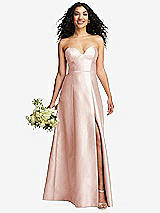 Front View Thumbnail - Blush Strapless Bustier A-Line Satin Gown with Front Slit