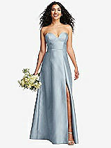 Front View Thumbnail - Mist Strapless Bustier A-Line Satin Gown with Front Slit