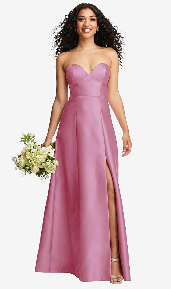 Front View - Powder Pink Strapless Bustier A-Line Satin Gown with Front Slit