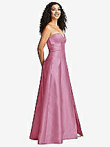 Side View Thumbnail - Powder Pink Strapless Bustier A-Line Satin Gown with Front Slit