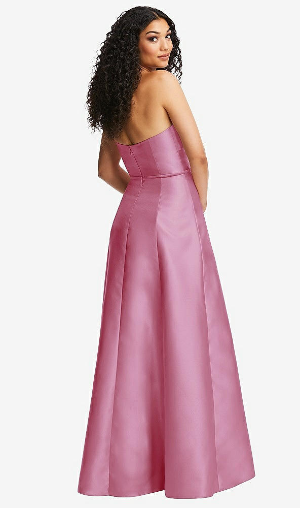 Back View - Powder Pink Strapless Bustier A-Line Satin Gown with Front Slit