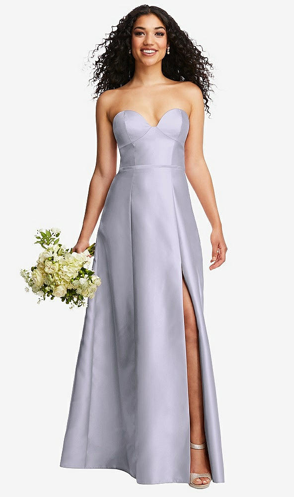 Front View - Silver Dove Strapless Bustier A-Line Satin Gown with Front Slit