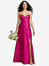 Front View Thumbnail - Think Pink Strapless Bustier A-Line Satin Gown with Front Slit