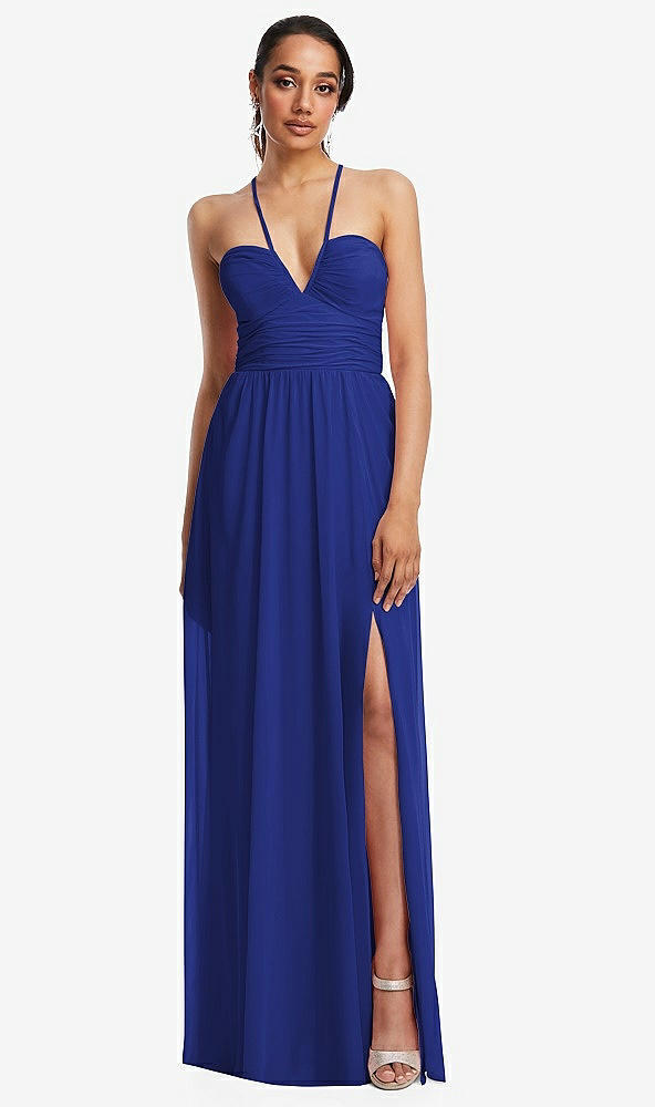 Front View - Cobalt Blue Plunging V-Neck Criss Cross Strap Back Maxi Dress