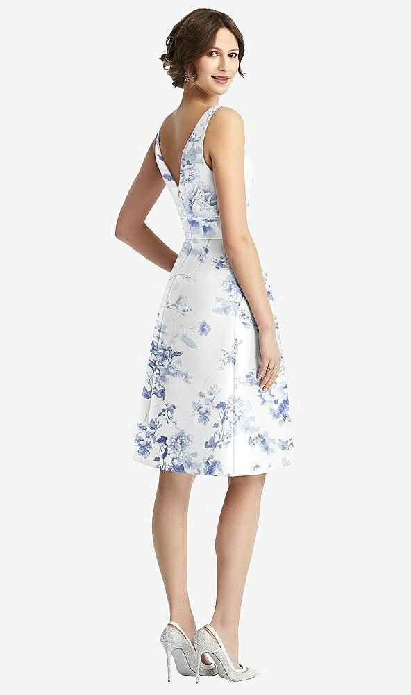 Back View - Cottage Rose Larkspur V-Neck Pleated Skirt Floral Satin Cocktail Dress with Pockets