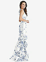 Side View Thumbnail - Cottage Rose Larkspur Jewel Neck Bowed Open-Back Floral SatinTrumpet Dress