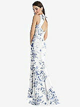 Rear View Thumbnail - Cottage Rose Larkspur Jewel Neck Bowed Open-Back Floral SatinTrumpet Dress