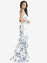 Side View Thumbnail - Cottage Rose Larkspur Jewel Neck Bowed Open-Back Floral Trumpet Dress with Front Slit