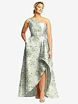 Front View Thumbnail - Sage Cottage Rose One-Shoulder Floral Satin Gown with Draped Front Slit