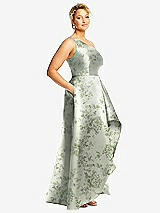 Side View Thumbnail - Sage Cottage Rose One-Shoulder Floral Satin Gown with Draped Front Slit