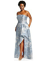 Alt View 2 Thumbnail - Porcelain Blue Seraphina Floral Strapless Floral Satin Gown with Draped Front Slit and Pockets