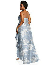 Alt View 3 Thumbnail - Porcelain Blue Seraphina Floral Strapless Floral Satin Gown with Draped Front Slit and Pockets