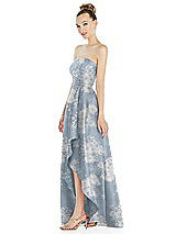 Side View Thumbnail - Porcelain Blue Seraphina Floral Strapless Floral Satin Gown with Draped Front Slit and Pockets