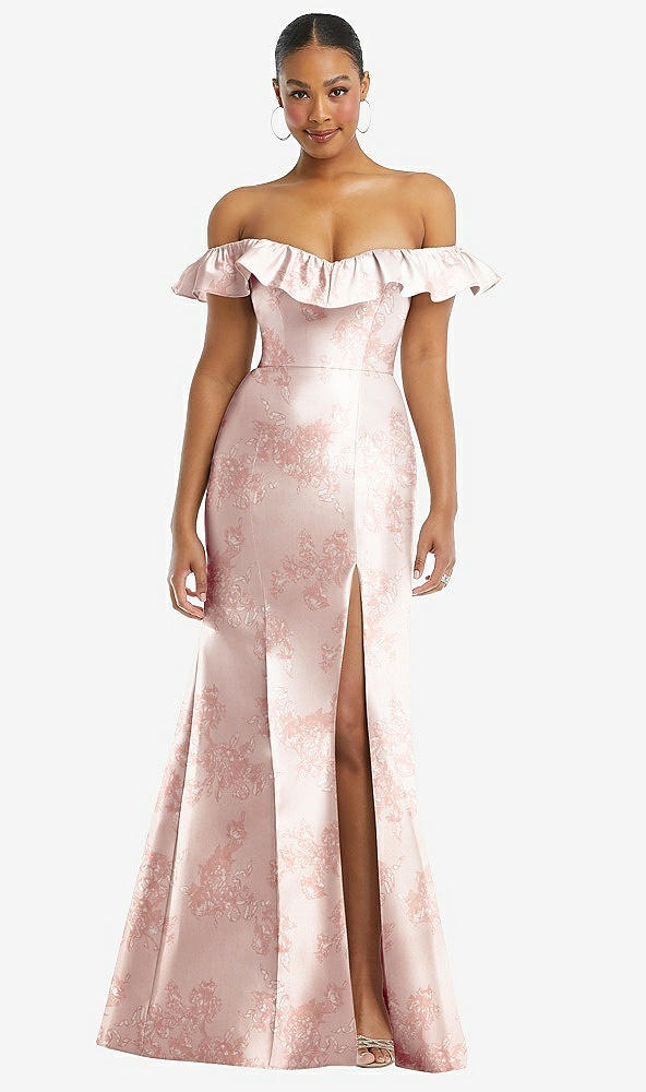 Front View - Bow And Blossom Print Off-the-Shoulder Ruffle Neck Floral Satin Trumpet Gown