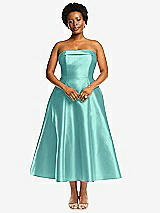 Alt View 4 Thumbnail - Coastal Cuffed Strapless Satin Twill Midi Dress with Full Skirt and Pockets