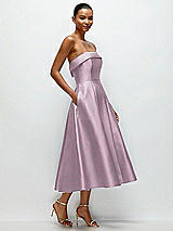 Rear View Thumbnail - Suede Rose Cuffed Strapless Satin Twill Midi Dress with Full Skirt and Pockets