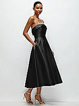 Rear View Thumbnail - Black Cuffed Strapless Satin Twill Midi Dress with Full Skirt and Pockets