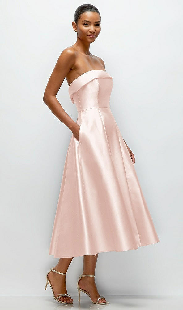 Back View - Blush Cuffed Strapless Satin Twill Midi Dress with Full Skirt and Pockets