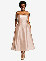 Alt View 1 Thumbnail - Cameo Cuffed Strapless Satin Twill Midi Dress with Full Skirt and Pockets