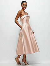 Rear View Thumbnail - Cameo Cuffed Strapless Satin Twill Midi Dress with Full Skirt and Pockets