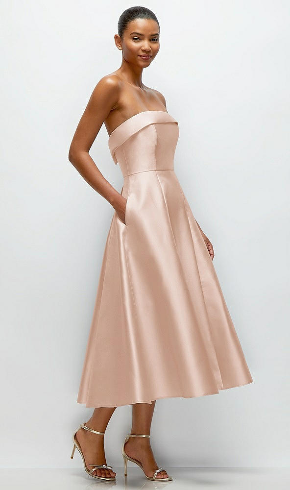 Back View - Cameo Cuffed Strapless Satin Twill Midi Dress with Full Skirt and Pockets