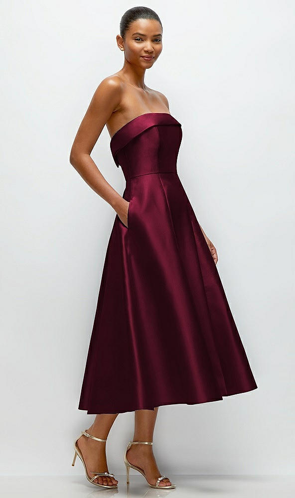 Back View - Cabernet Cuffed Strapless Satin Twill Midi Dress with Full Skirt and Pockets