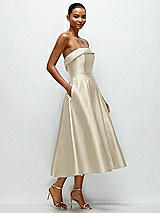 Rear View Thumbnail - Champagne Cuffed Strapless Satin Twill Midi Dress with Full Skirt and Pockets