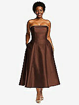 Alt View 1 Thumbnail - Cognac Cuffed Strapless Satin Twill Midi Dress with Full Skirt and Pockets