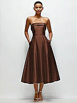 Front View Thumbnail - Cognac Cuffed Strapless Satin Twill Midi Dress with Full Skirt and Pockets