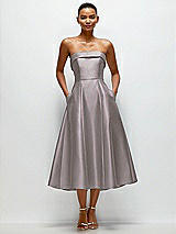 Front View Thumbnail - Cashmere Gray Cuffed Strapless Satin Twill Midi Dress with Full Skirt and Pockets