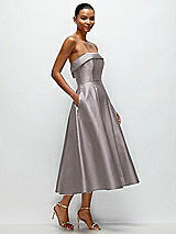 Rear View Thumbnail - Cashmere Gray Cuffed Strapless Satin Twill Midi Dress with Full Skirt and Pockets