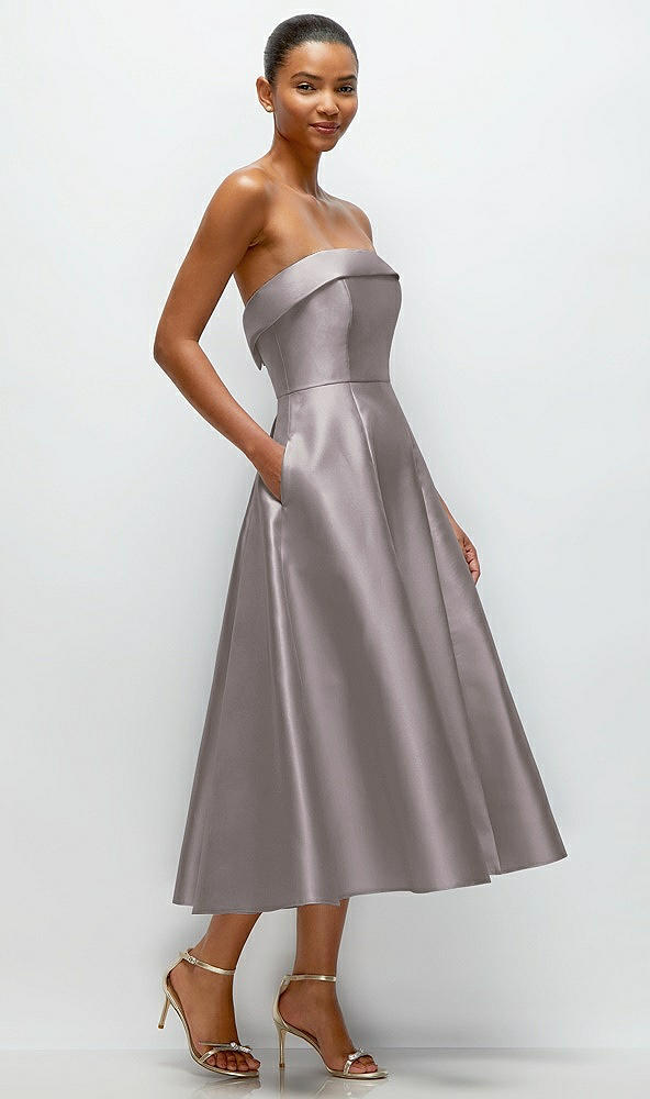 Back View - Cashmere Gray Cuffed Strapless Satin Twill Midi Dress with Full Skirt and Pockets